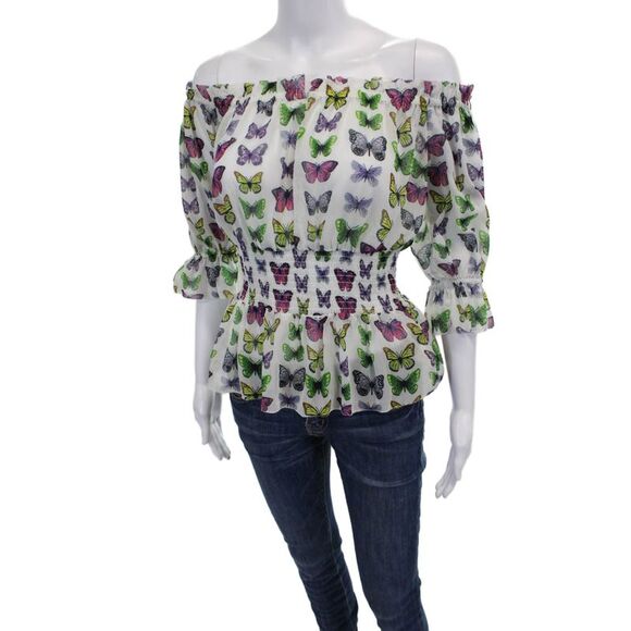 L'Agence Womens Sheer Butterfly Print Off The Shoulder Blouse White Size XS - Picture 2 of 6